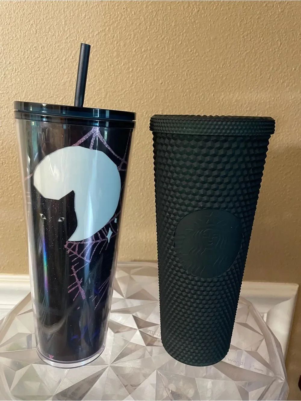 Starbucks Cat Glow In The Dark Tumbler & Dark Green Studded Tumbler 24 Ounce